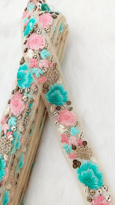 9 Yards Blue and Pink Soft Net Lace Trim Floral Embroidery and Gold Sequins, Floral Sari Border, Decorative Trim